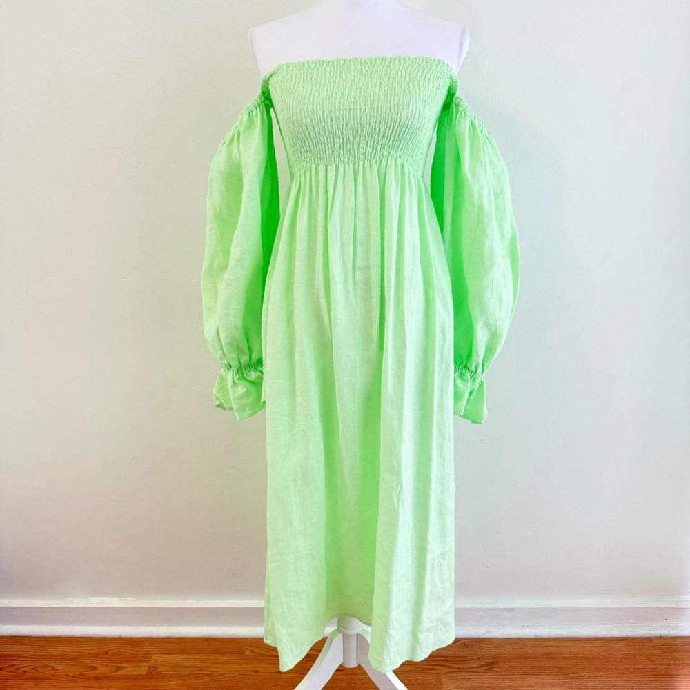 SLEEPER LIME GREEN ATLANTA SHIRRED SMOCKED OFF THE SHOULDER LINEN MIDI DRESS